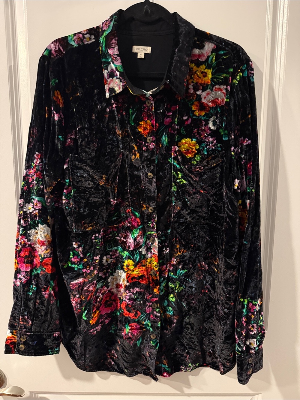 Pilcro Black Velvet Button-Down Shirt with Multicolor Floral Velvet Print